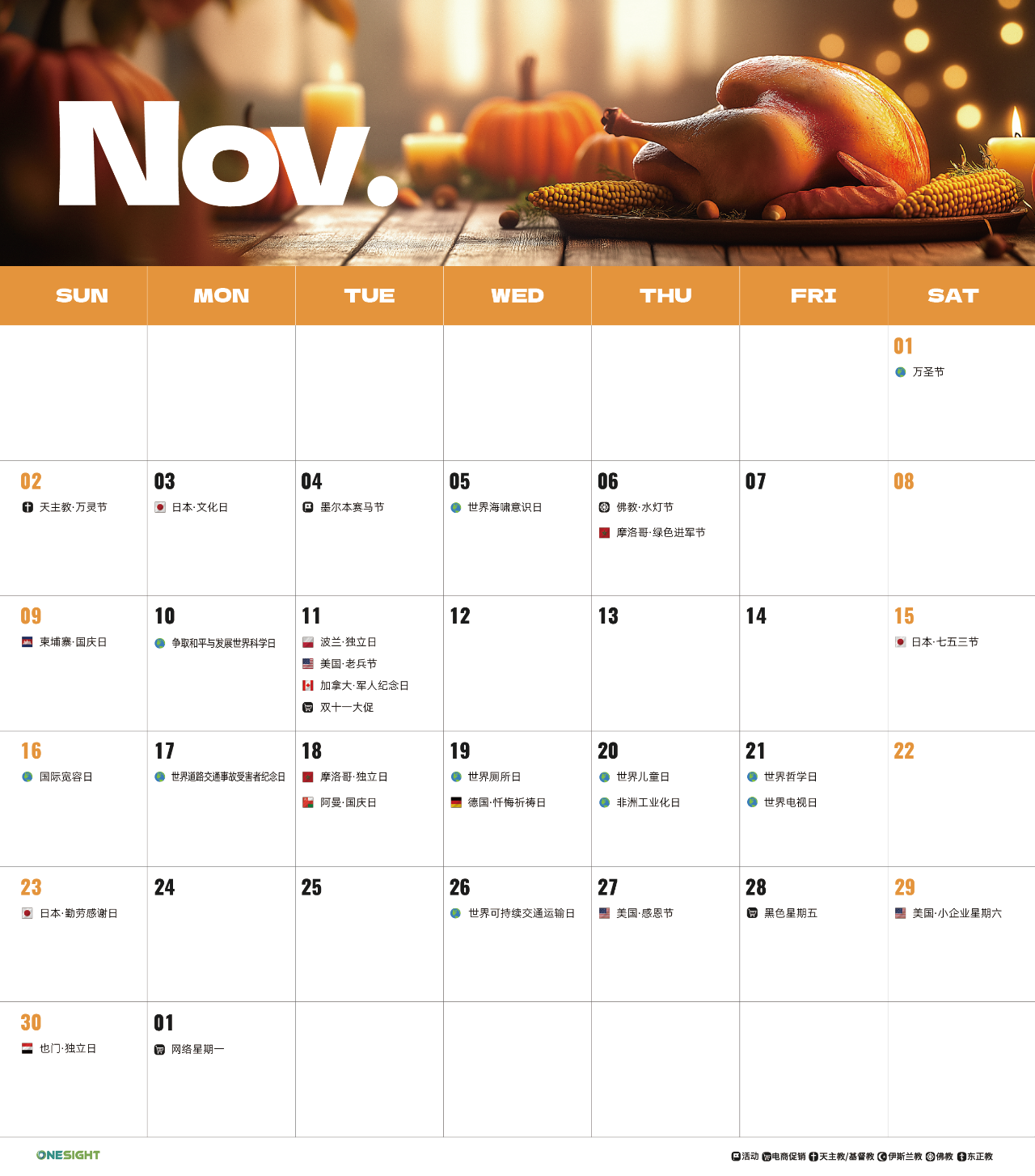 11月海外营销日历：感恩节，黑五网一，世界儿童日, 世界可持续交通运输日，国际宽容日...