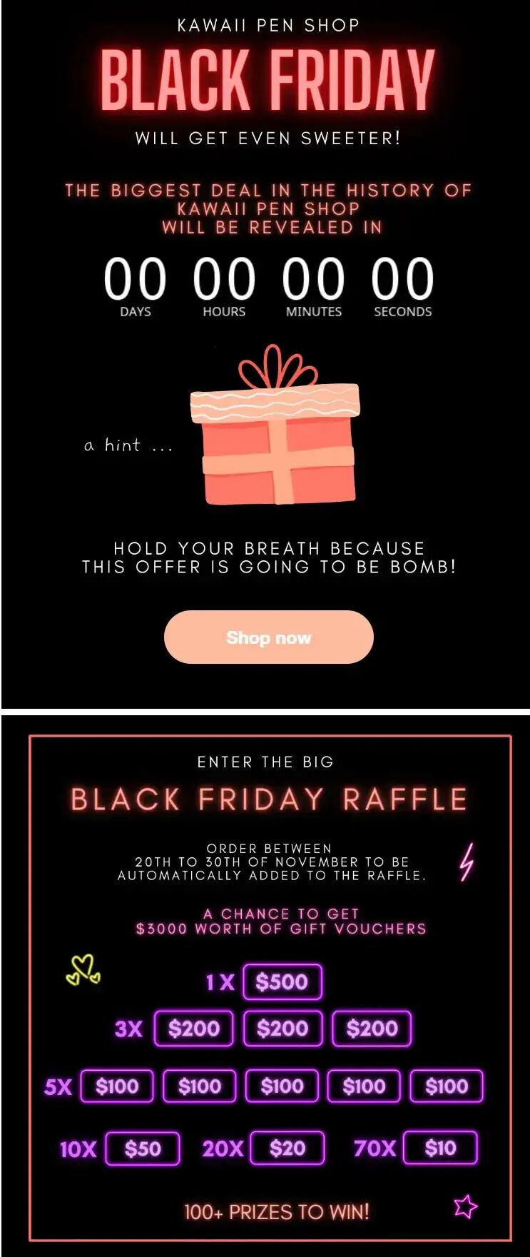 Kawaii Pen Shop 黑色星期五电子邮件的截图。