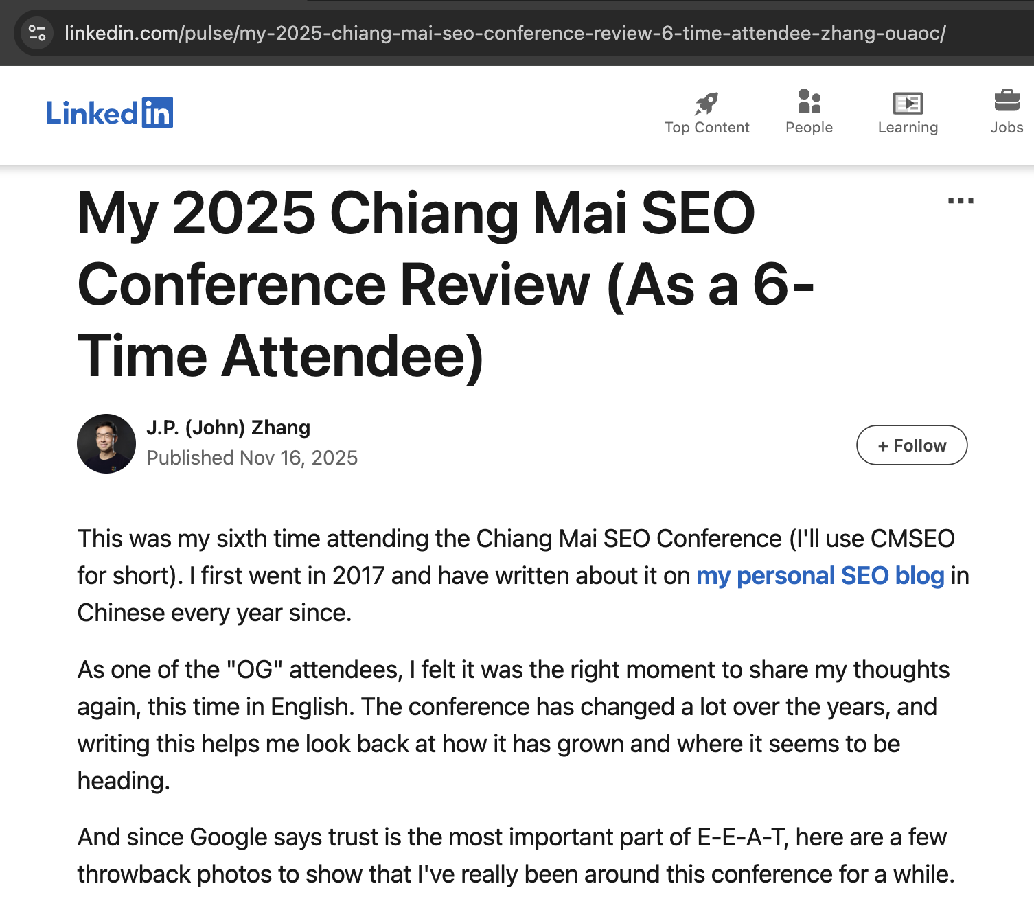 我是如何用一篇 LinkedIn 文章，在海外 SEO 圈实现“一石多鸟”的？